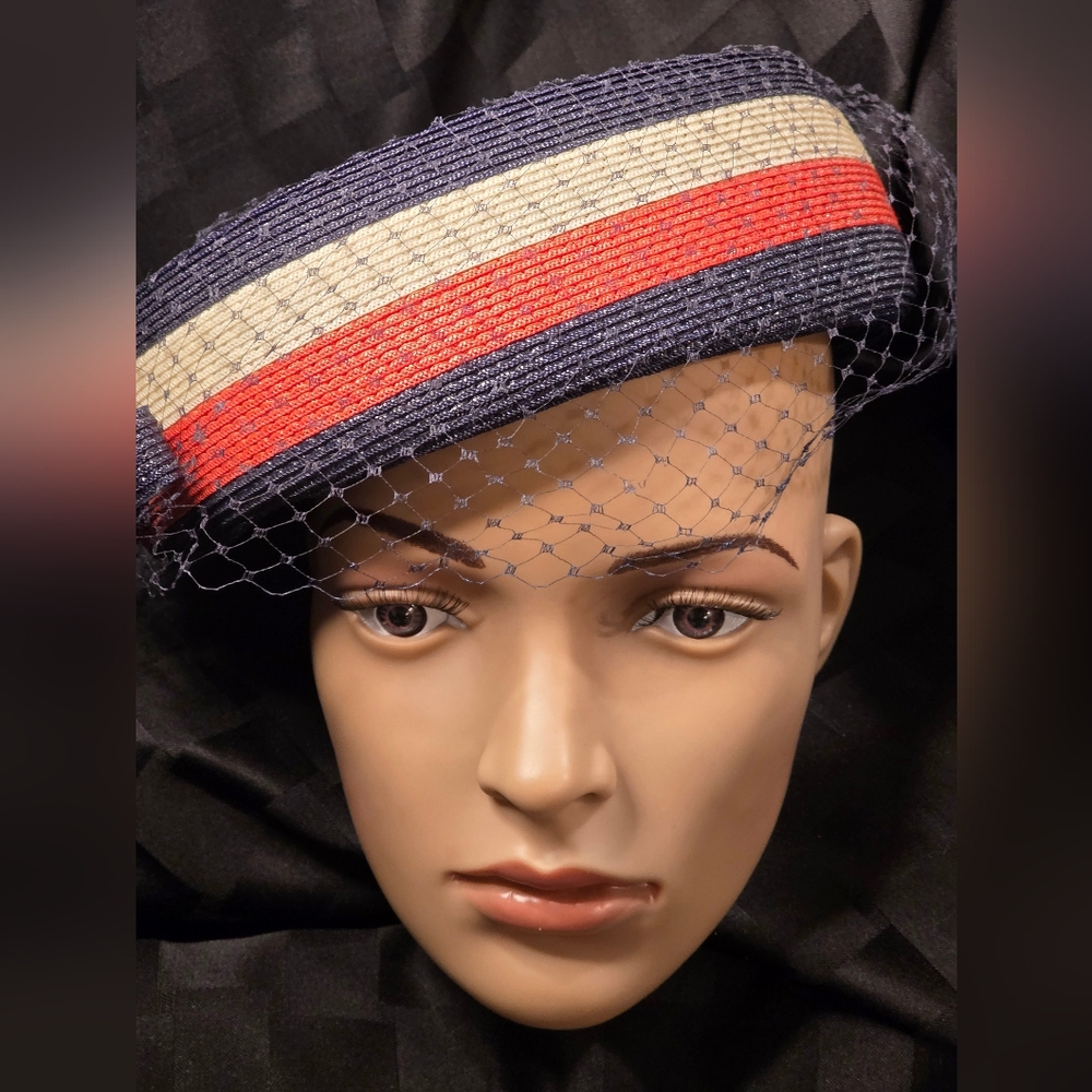 Vintage Pill Box 50s/60s Navy (Red/White/Blue) Woven Straw Veil & Bow SZ Medium